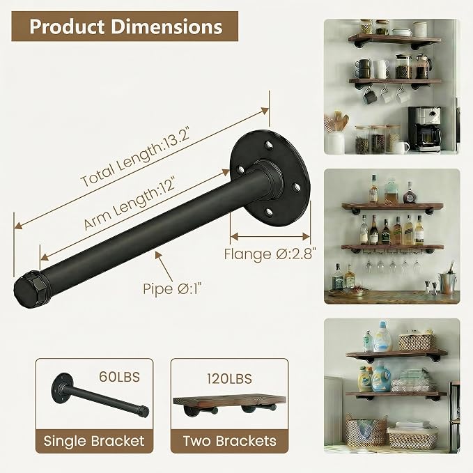 12 Inch Industrial Pipe Shelf Brackets 3/4 Set of 6 - Black Iron Rustic Wall Mounted DIY Shelving Brackets Hanging Custom Pipe Brackets for Floating Shelves