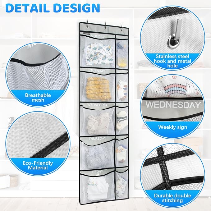 Weekly Kids Clothes Organizer - Day of Week School Clothing Organizer, Monday to Friday Time Save, No Odour, 5-Shelf Hanging Closet Storage (Grey), 2 Pack