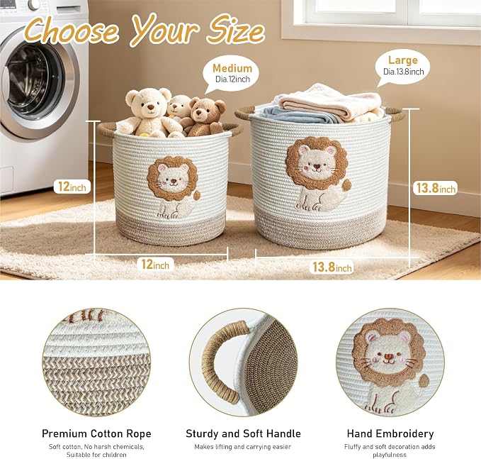 Toy Storage Basket(12"x12"), blanket basket, Cotton Rope Woven Laundry Hamper with Cute Embroidered Dinosaur for Nursery, Living Room, Laundry (Lion)
