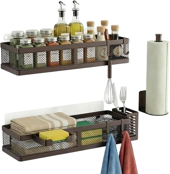 PUSDON 5-in-1 16.5" Extra Long Slim Wall Mount Wrapped Mesh Kitchen Organizer & Shower Caddy Kit, with Paper Towel Holder, Utensil Holder, Soap Dish, Holds 50LBS - Vintage Bronze, Netting