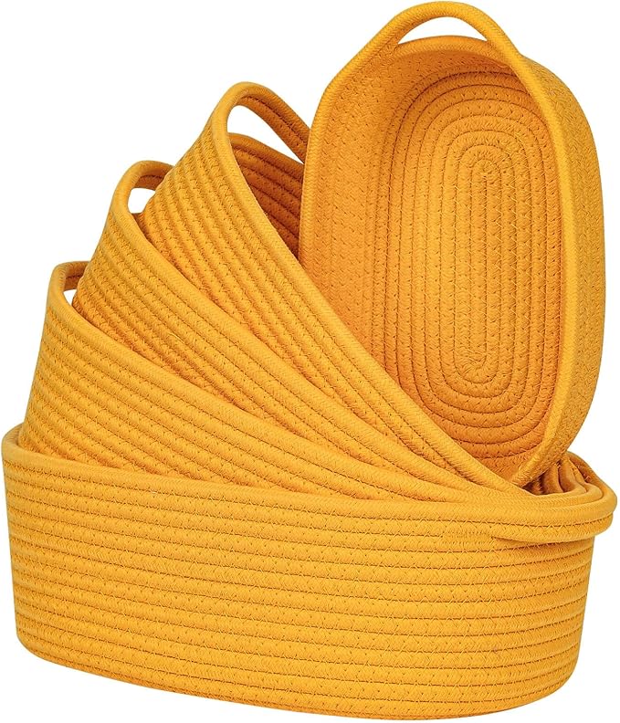CubesLand Small Storage Basket Cotton Rope Organizer Baskets for Shelves | Set of 5 Decorative Closet Storage Bins with Handle for Countertop, Toilet Paper Basket for Toilet Tank Top, Yellow Basket