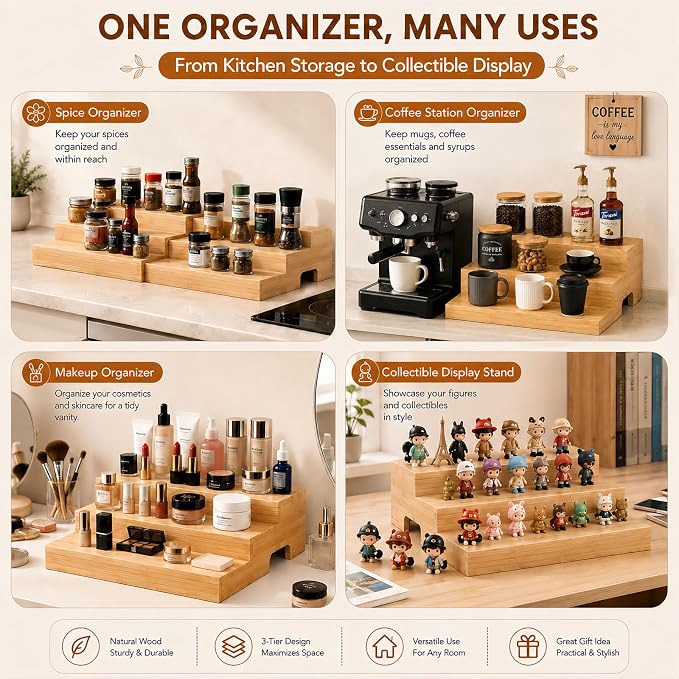 Expandable Can Rack Organizer for Pantry Fits Up to 24 20-oz Canned Food | 3-Tier Can Storage Holder for Kitchen Cabinet, Solid Wood Canned Goods Pantry Organizer Shelf, Visible & Accessible Display