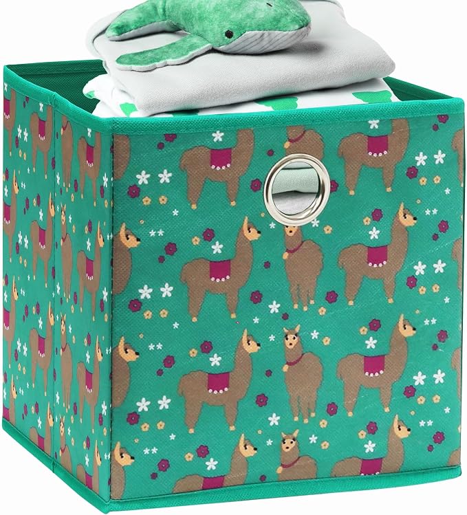 Simple Houseware 10-Inch Collapsible Fabric Cube Storage Bin with Handles, Printed Design, 6 Pack, Green