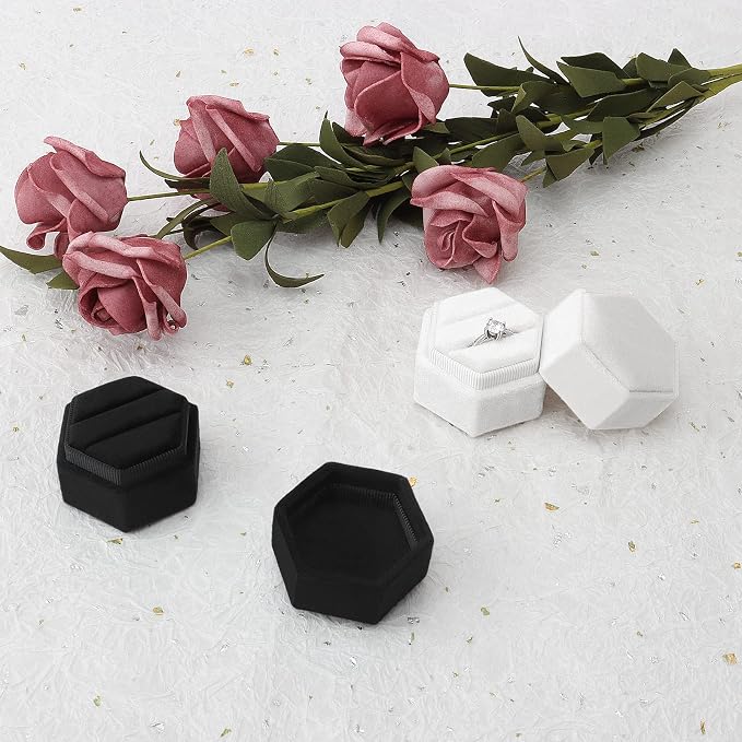 DesignSter Hexagon Velvet Ring Box - Premium Gorgeous Vintage Double Ring Display Holder with Detachable Lid for Proposal, Engagement, Wedding, Ceremony (Black)