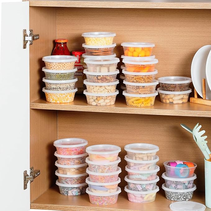 AOZITA 100 Sets 8 oz Plastic Deli Containers With Lids, Airtight Food Storage Containers, Freezer/Dishwasher/Microwave Safe, Takeout Meal Prep Storage