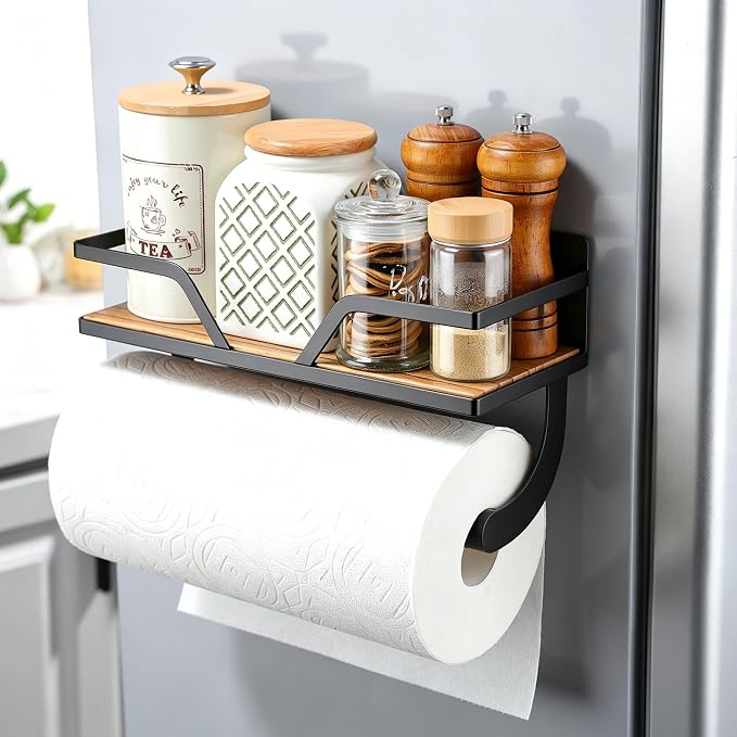 SUNTECH Black Magnetic Paper Towel Holder with Shelf, for Fridge, 11.8 in | Wood Base, Raised-Edge Design, 10 lbs Load, Magnetic or Screw Mount, Holds Spices, Toiletries, Fits Kitchen, Bathroom, RV