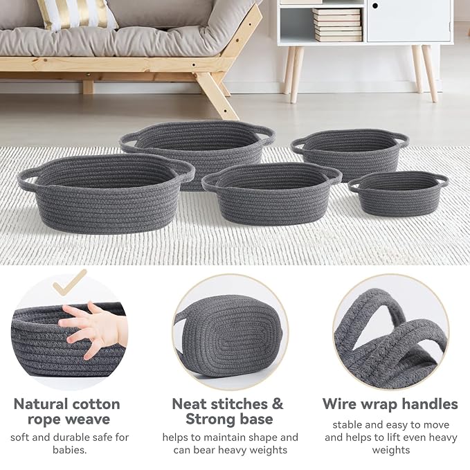 VOOWO Set of 5 Rectangular Cotton Rope Baskets for Storage, Organizing, Decorating, Dark Gray