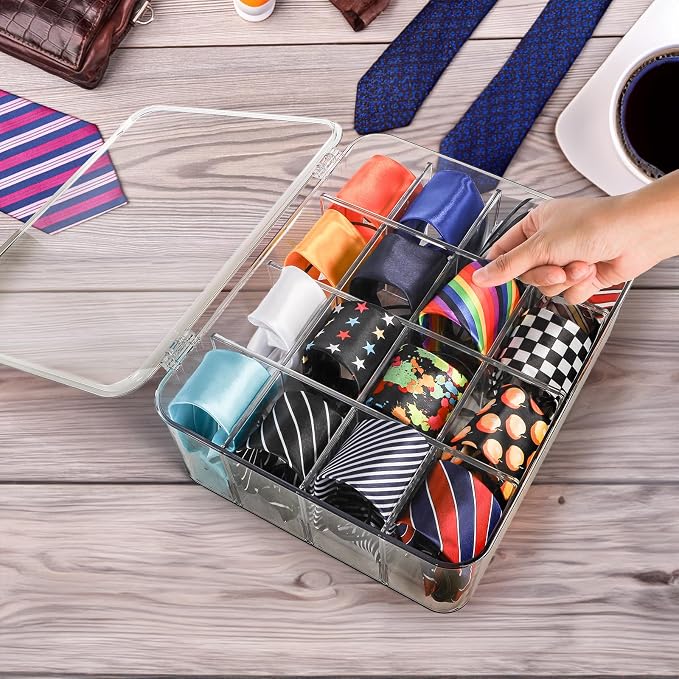 Adjustable Sock Underwear Drawer Organizer Dividers, 16 Grid Clear Tea Bag Holder with Lid, Removable Divided Tie Organizer Box, Plastic Storage Bin for Scarves Bras