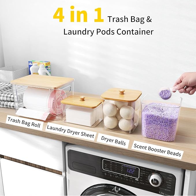 Extra Large Trash Bag Holder 4 Pack Garbage Bag Dispenser Roll Holder with Lid Laundry Room Organizer Under Sink Stackable Storage, Wall Mounted Laundry Dryer Sheet Holder Clear Pod Container