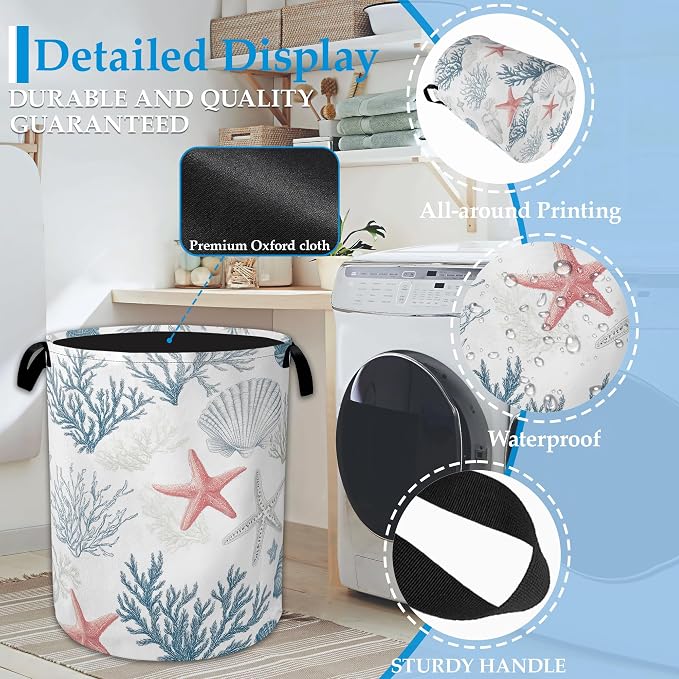 Seashell Starfish Ocean Laundry Basket Collapsible Laundry Hamper with Handle, Oxford Clothes Storage Bin for Bathroom Bedroom Room Decor 16" X 20.8"