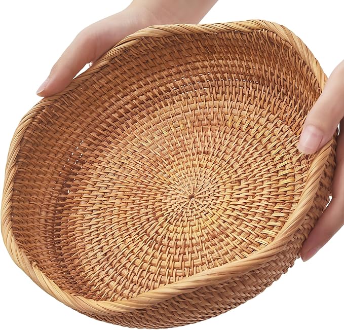 10" Medium Wave Rattan Wicker Bread Basket, Natural Fruit Basket for Kitchen Counter, Hand Woven Food Baskets, Artisanal Bread Baskets for Serving, Fruit, Vegetable, Snack, key, Etc.