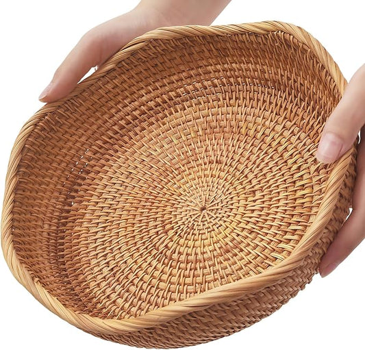 10" Medium Wave Rattan Wicker Bread Basket, Natural Fruit Basket for Kitchen Counter, Hand Woven Food Baskets, Artisanal Bread Baskets for Serving, Fruit, Vegetable, Snack, key, Etc.