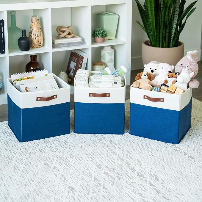 OrganiHaus 13x13 Cube Storage Bins, Set of 4 - Fabric Storage Cubes | Sturdy, holds its shape; odor-free; fits IKEA Kallax and Expedit; vegan leather handles