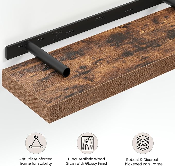 Vivelove 40 Inch Floating Shelves Wall Mounted for Display, 6.5 Deep Duty Shelves with Invisible Brackets for Living Room,Bedroom,Kitchen, Bathroom Storage & Decor,40" Wx6.5 Dx1.4 H - Rustic Brown