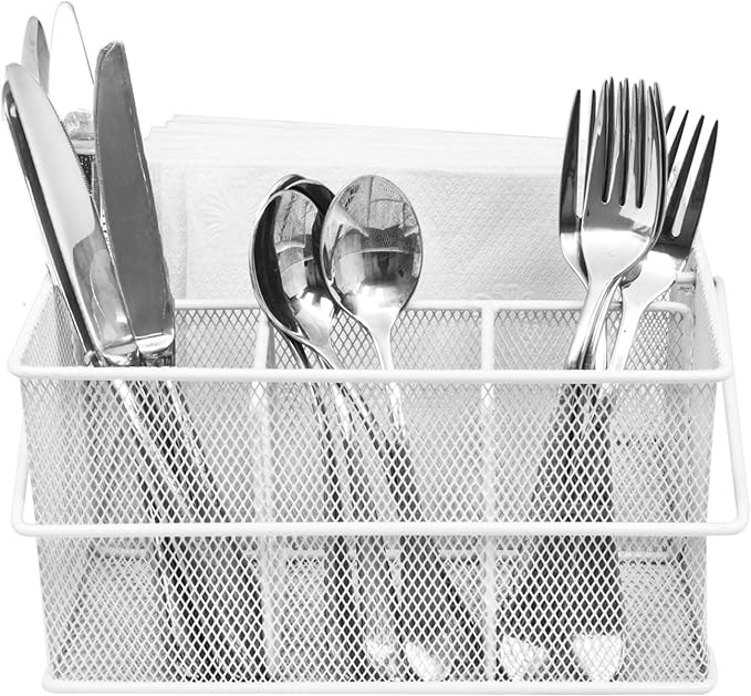 Sorbus® Utensil Caddy — Silverware, Napkin Holder, and Condiment Organizer — Multi-Purpose Steel Mesh Caddy—Ideal for Kitchen, Dining, Entertaining, Tailgating, Picnics, and much more (White)