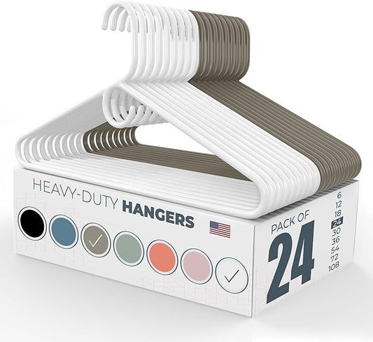 Heavy Duty Clothes Hangers 20 Pack (24 Count) – Made in the USA – 8lb Capacity Plastic Hangers for Adult Clothing – Durable for Pants, Coats, Jackets, or Jeans – White & Gray