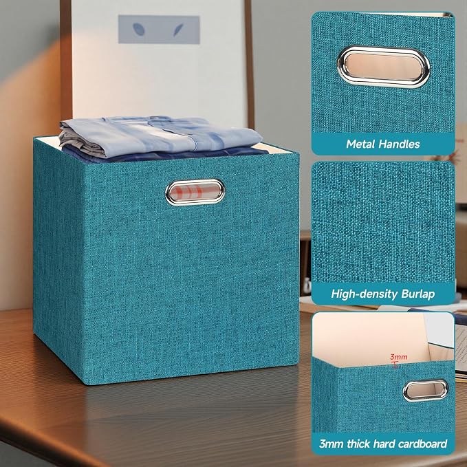 Posprica Collapsible Storage Bins,13×13 Foldable Storage Cube Boxes Fabric Drawer Fabric Storage Bins Vinyl Record Cubby Cubes with Handles for Bookcase, Closet, Shelf, Cabinet, 4 Pack