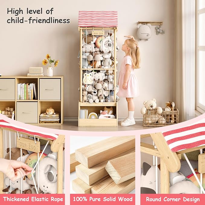 Stuffed Animal Storage, Wooden Stuffed Animal Zoo with Toy Box and Triangular Ceilings, Vertical Stuffed Animal Holder with Thicker Elastic Band, Plushies Storage for Playroom, Nursery, Bedroom