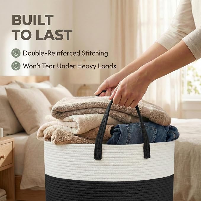 JMvicyroam 65L Extra Large Blanket Basket for Living Room - Woven Cotton Rope Laundry Hamper with Reinforced Handles - Storage Bin for Pillows, Comforters & Toys - Machine Washable,White&Black