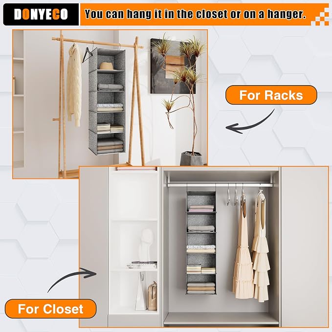 Hanging Closet Organizer 5-Shelf, Oxford Linen Wardrobe Storage, Gray | Easy-mount foldable design holds clothes, handbags, shoes & accessories; washable Oxford fabric, sturdy and space-saving.