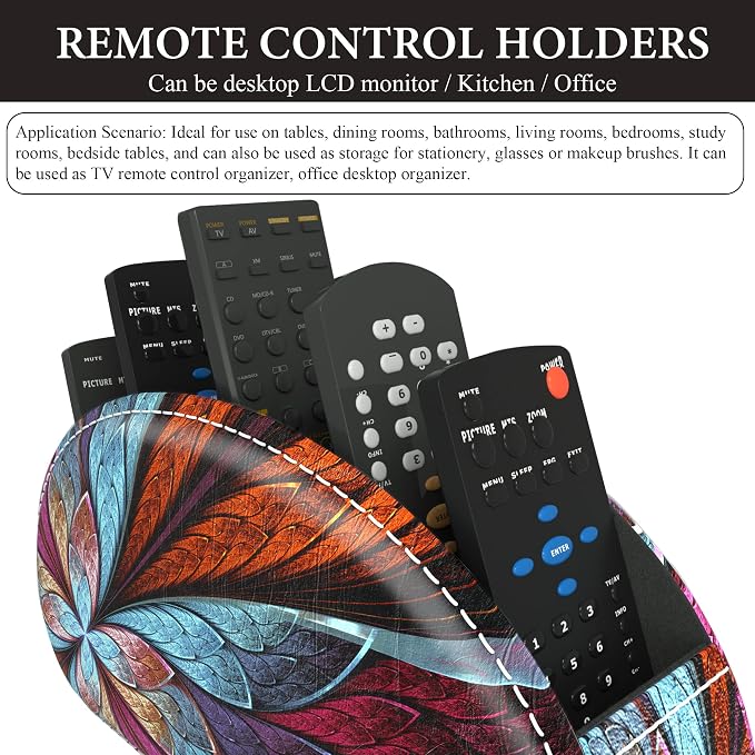 PU Leather Remote Caddy Desktop Organizer with 5 Spacious Compartments for TV Remotes/Media Controllers/Office Supplies (Fractal Flower)