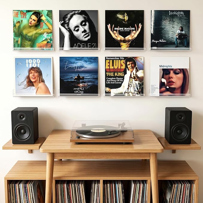 Gotega 8 Pack Vinyl Record Shelf Wall Mount, 12 inch Album Record Holder Display, Clear Acrylic Floating Shelves for Wall, Suitable for Bedroom, Living Room, Magazine Shelf, Kids Bookshelf, etc