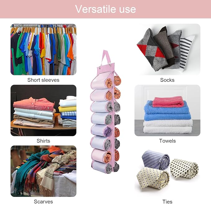 DHSFKBE Legging Organizer Storage, 2PCS T Shirt Organizer, Foldable Hanging Closet Organizer Storage with 16 Roll Independent Compartments for Yoga Pants, Tank Top, Towel, Underwear (Pink)