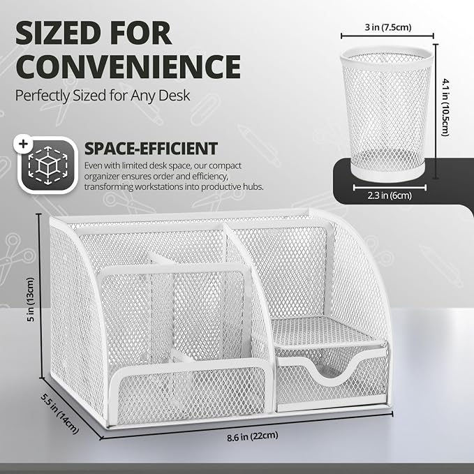 Flexzion Desk Caddy Organizer Set (White) - Metal Mesh Desktop Caddy with Drawers, 6 Compartments, and Pencil Holder for Women & Men - Desktop Organizer and Storage for Work or Office Supplies | Compact desktop caddy with separate pen holder; 8.7 x 5.5...