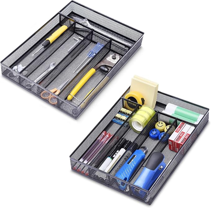 WuGeShop Silverware Drawer Organizer Black, Kitchen Drawer Organizer Metal Mesh Utensil Tray Non-Slip Cutlery Tray, 5 Compartments