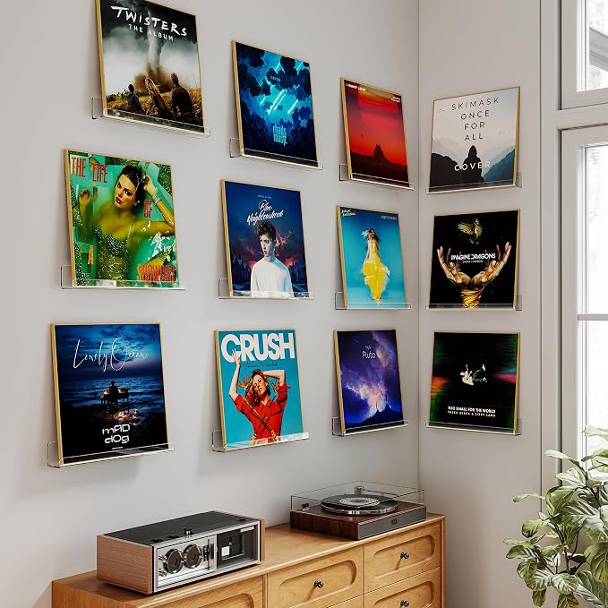 Laurensory Vinyl Record Wall Mount Shelves, 12 inch Vinyl Holder, 12 Pack | Clear Acrylic Floating Shelves for Album Record Storage Display, Wall Decor, Magazine Rack, Kids Bookshelf, Picture Ledge