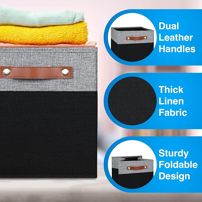 11 Inch Cube Storage Bin - 6 Pack - Linen Fabric 11x11 Cube Storage Bins for Bedroom, Living Room, Clothes and Toys; Foldable, Dual Leather Handles