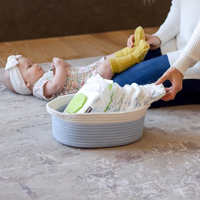 NaturalCozy 3-Piece Oval Storage Basket Set– Cotton Rope Woven Baskets for Storage, Gift Basket Empty, Toy Basket, Soft Baby Basket for Nursery, Cat Dog Toy Baskets, Small Basket (Off White & Blue)