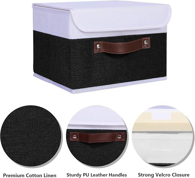 ANMINY 2PCS Storage Boxes with Lids Washable Decorative Storage Bins Basket with PU Leather Handle Foldable Linen Fabric Storage Cubes Containers for Home Closet Organizer - Black White, Medium