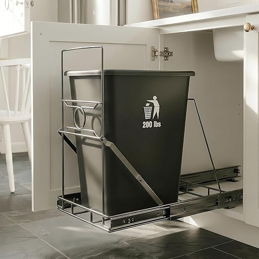 Pull Out Trash Can Cabinet Organizer, Stainless Steel Trash Can Slider for Kitchen Cabinet, Under Sink Slide Out Trash Can Rack for 7-11 Gallon Bins, Black, Bin Not Included