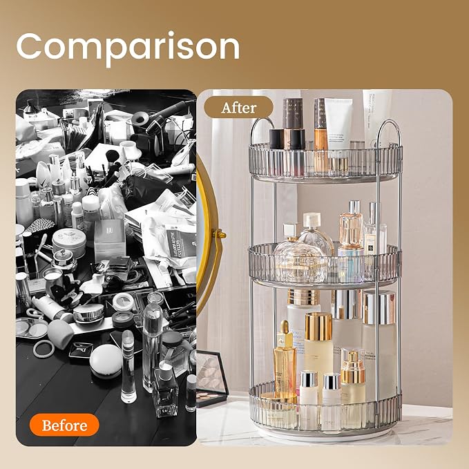 Aveniee Rotating Makeup Organizer for Vanity, 3 Tier Perfume Skincare Organizers and Storage for Bathroom Countertop, Clear Spinning Counter Cosmetic Holder for Dresser,Grey