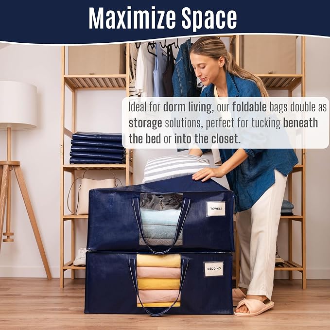 VENO 8 Pack Heavy Duty Moving Bags, Packing Bags with Clear Window, Alternative to Moving Boxes, Storage Bins for Clothes, Blankets, Comforters, College Dorm Essentials (Blue, 8 Pack)
