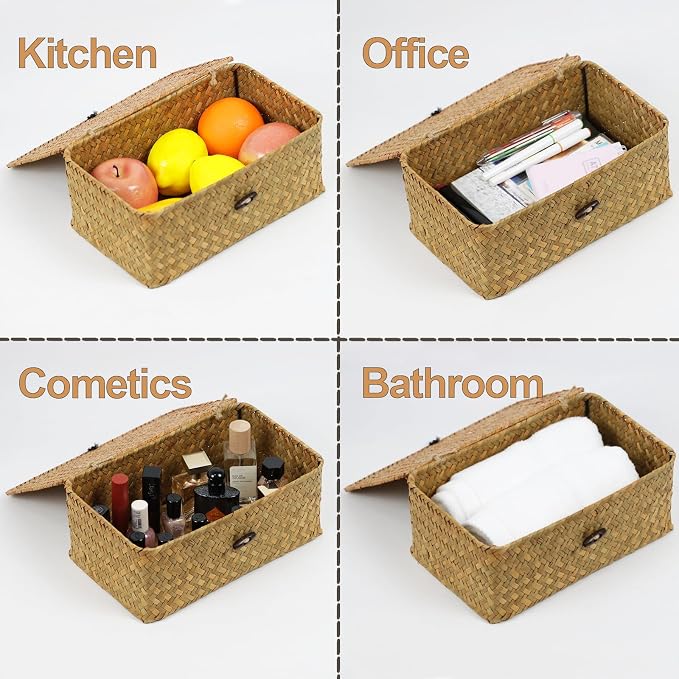 Wicker Basket with Lid, Natural Seagrass Storage Baskets for Organizing, Woven Basket for Storage, Decorative Boxes Bins with Lids Home Organizer Decor (‎Natural, Small)