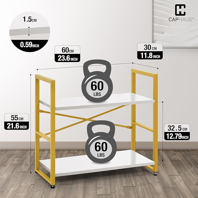 CAPHAUS 2 Tier Small Bookshelf, 24 Inch Width Free Standing Shelf, Bookcase Shelf Storage Organizer, Industrial Book Shelves for Home Office, Living Room, White Wooden Shelves & Gold Frame