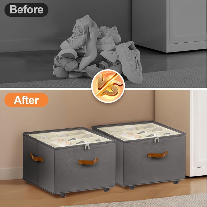 Foyego Shoe Organizer for Closet, Shoe Storage Organizer with Wheels and Adjustable Dividers, Stackable Shoe Storage Box with Clear Cover, Foldable Closet Shoe Organizer Fits up to 16-32 Pairs, Gray