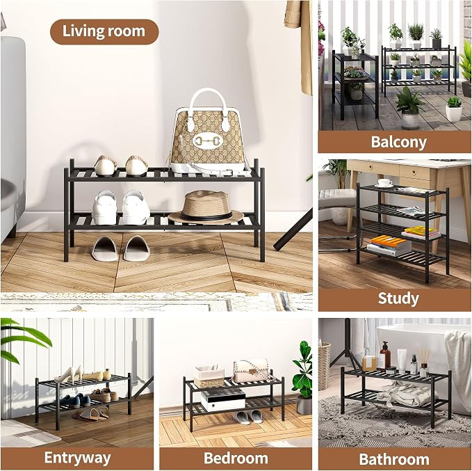 Bamboo Shoe Rack Stackable Shoe Shelf Storage Organizer for Unit Entryway Hallway and Closet Sturdy Freestanding Shoe Shelf(2 Tier Black)