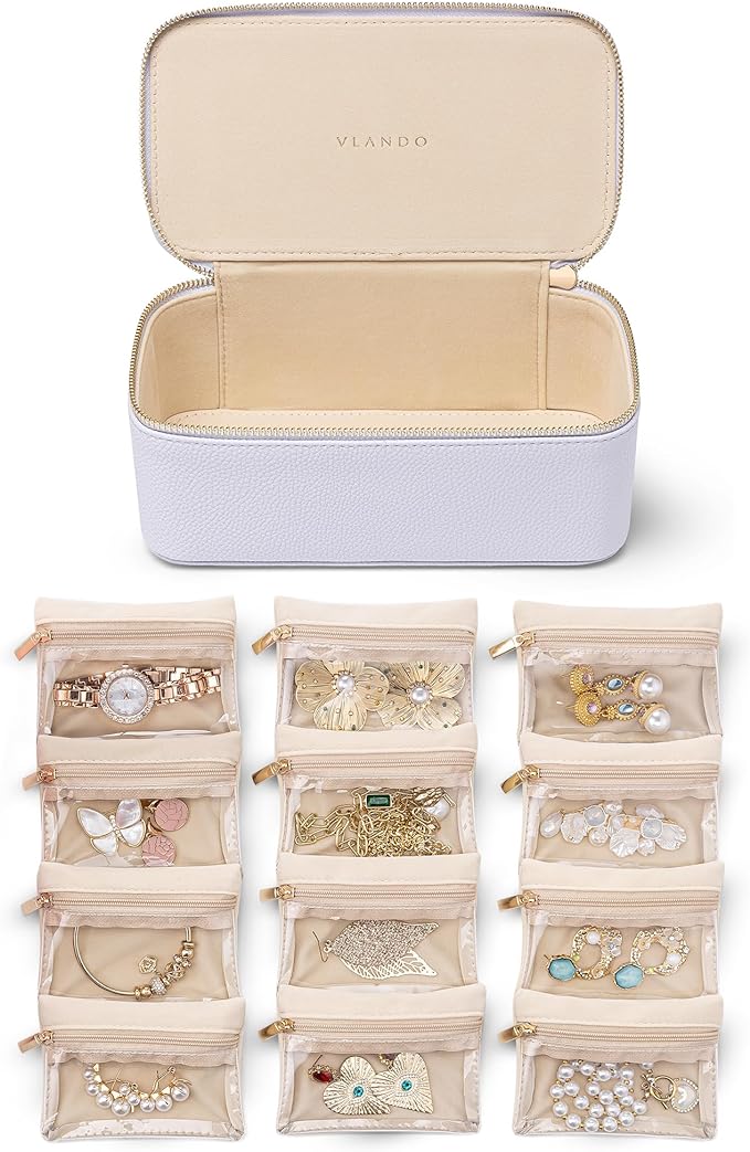 VLANDO Jewelry Travel Case,Travel Jewelry Organizer with Clear Velvet Jewelry Bags 12Pcs Zipper Pouch for Women Earrings Organizers-Purple
