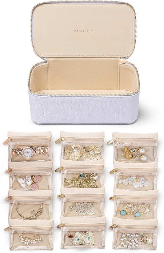 VLANDO Jewelry Travel Case,Travel Jewelry Organizer with Clear Velvet Jewelry Bags 12Pcs Zipper Pouch for Women Earrings Organizers-Purple