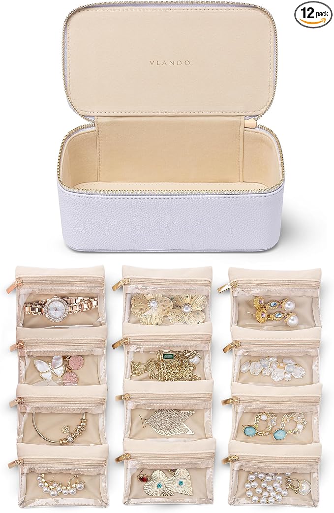 VLANDO Jewelry Box with 12 Velvet Jewelry Bags Travel Jewelry Case for Girls Jewelry Organizers Necklace Rings Earrings Storage Bags Holidays Gifts Bridal Shower Gifts-Purple