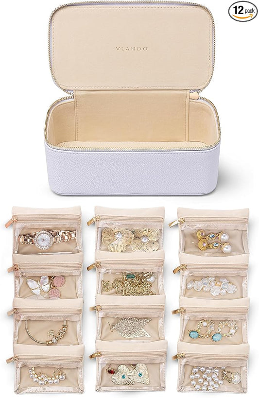 VLANDO Jewelry Box with 12 Velvet Jewelry Bags Travel Jewelry Case for Girls Jewelry Organizers Necklace Rings Earrings Storage Bags Holidays Gifts Bridal Shower Gifts-Purple