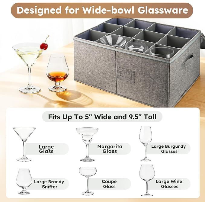 LotFancy Stemware Storage Container for Moving, Hard Shell, Wide Wine Glass Storage Box with Dividers & Handles, Stackable, Foldable Crystal Glassware Case, 21”x15.5”x10”, Grey
