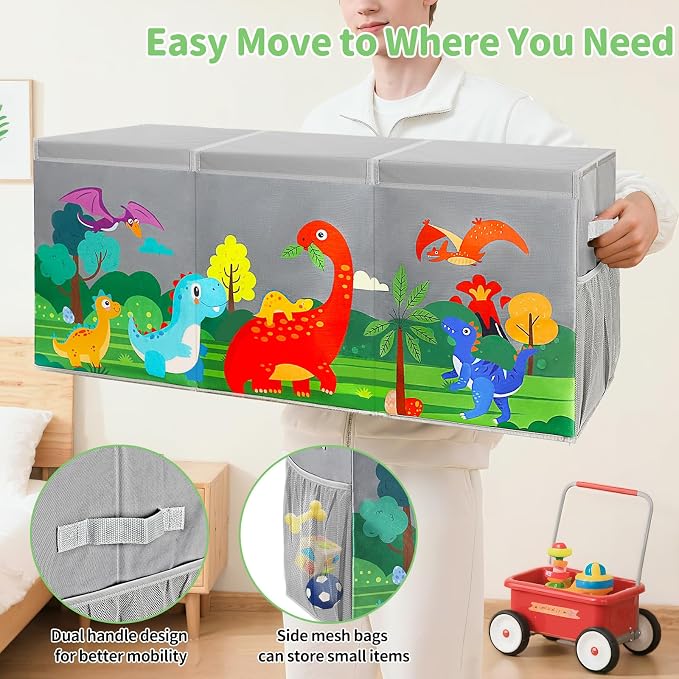 Extra Large Toy Box Chest with Lids Collapsible Storage Organizer for Kids | Dinosaur Toy Bin Box for Toddlers Boys Girls, Organizer for Living Room Nursery Playroom Bedroom Home Grey