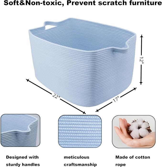 XUANGUO Large Cotton Rope Storage Basket for Blankets, 22" x 17" x 12" Rectangle Woven Basket Bin for Living Room, Nursery, Kids & Dog Toys, Laundry basket for Clothes & Towels,Gift basket Blue