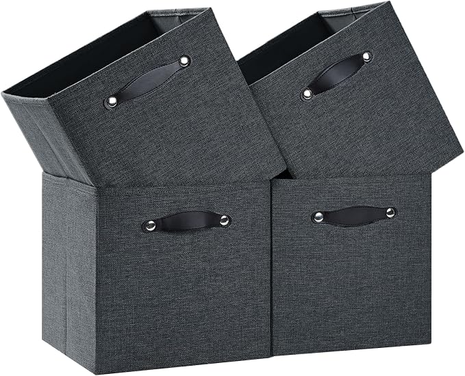 Cube Storage Bins | 13"x15"x13", Graphite Gray, 4 Pack | Multi-Size | 2X Thick Support Board | Vegan Leather Handles | 7.7 oz/yd² Fabric | Drawer Insert Basket Fits KALLAX