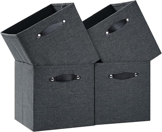 Cube Storage Bins | 13"x15"x13", Graphite Gray, 4 Pack | Multi-Size | 2X Thick Support Board | Vegan Leather Handles | 7.7 oz/yd² Fabric | Drawer Insert Basket Fits KALLAX