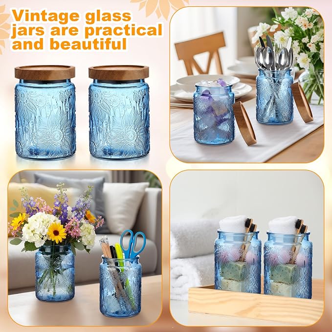 LemonRoad 2 Pcs Vintage Blue Glass Storage Jars 23.7 oz Mason Jar Canister with Wood Lids Food Storage Container for Cookie, Pantry, Candy Kitchen, Coffee, Tea, Flour, Sugar, Decorative Home Decor